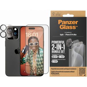 PanzerGlass 2 in 1 pack - Ultra-Wide Fit Anti-Bacterial Screenprotector incl. applicator + Camera Protector voor de iPhone 15 Pro Max