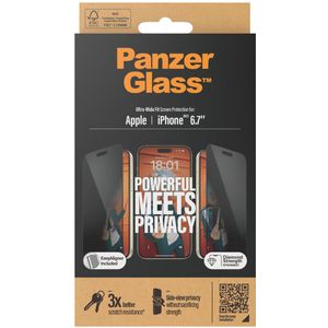 PanzerGlass Privacy Ultra-Wide Fit Anti-Bacterial Screenprotector incl. applicator voor de iPhone 15 Plus