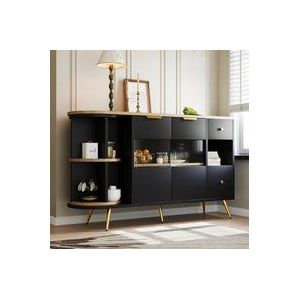 Sideboard Aufbewahrungsschränke mit Glastür und LED-Leuchten, Holzanrichte Freistehende Schränke, 130×40×80 cm, Schwarz