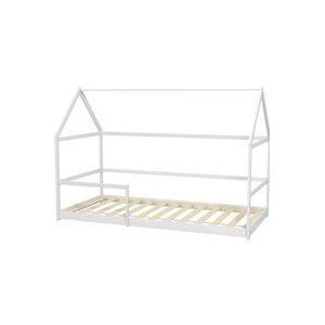 AIYAPLAY Kinder Hüttenbett 90x190 cm Kinderbett Baumhaus Kinderbett aus Holz mit Fallschutz, Lattenrost und Dach inklusive, Abm. 196L x 97,5B x 135H cm Weiß  Aosom