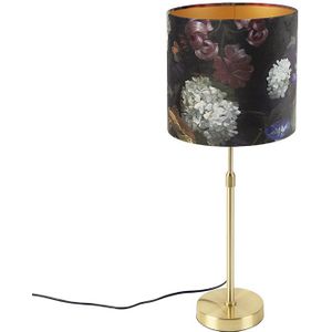 Tafellamp goud/messing met velours kap bloemen 25 cm - Parte