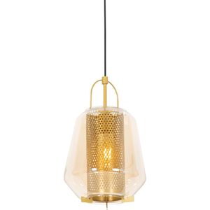 Art deco hanglamp goud met amber glas 23 cm - Kevin