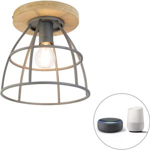 Smart plafondlamp donkergrijs met hout incl. WiFi E27 - Arthur