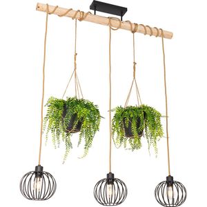 Landelijke hanglamp zwart met hout 3-lichts - Yura