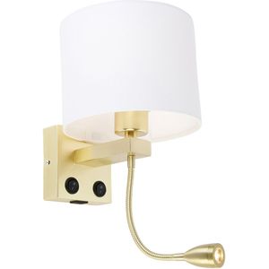 Wandlamp goud met USB en kap wit 18 cm - Brescia Combi