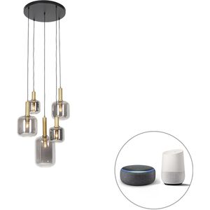 Smart hanglamp zwart met goud met smoke glas incl. 5 Wifi A60 - Zuzanna