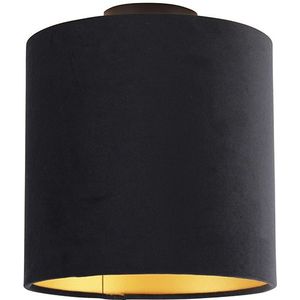 Plafondlamp met velours kap zwart met goud 25 cm - Combi zwart