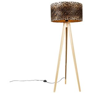 Moderne vloerlamp hout stoffen luipaard kap 50 cm - Tripod Classic