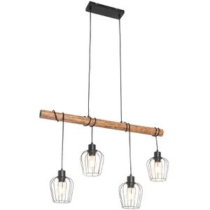 Landelijke hanglamp zwart met hout 4-lichts - Stronk