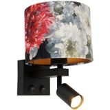 Wandlamp zwart met leeslamp en kap 18 cm bloemen - Brescia