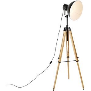 IndustriÃ«le tripod vloerlamp zwart met hout - Mangoes