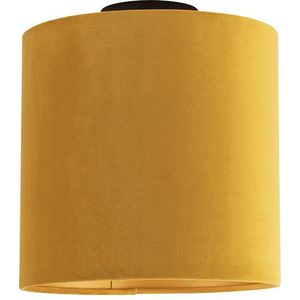 Plafondlamp met velours kap oker met goud 25 cm - Combi zwart