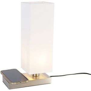 Tafellamp staal met kap wit met touch en inductielader - Romina
