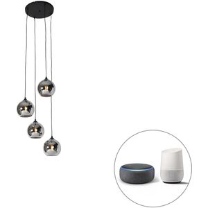 Smart hanglamp zwart met smoke glas incl. 4 Wifi A60 - Wallace