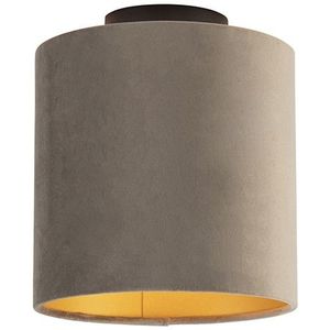 Plafondlamp met velours kap taupe met goud 20 cm - Combi zwart