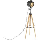 Tripod vloerlamp zwart met hout studiospot - Shiny