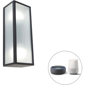 Smart buiten wandlamp zwart met ribbel glas incl. 2 Wifi A60 - Charlois