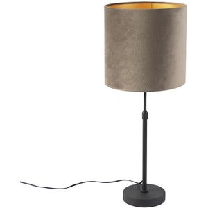 Tafellamp zwart met velours kap taupe met goud 25 cm - Parte