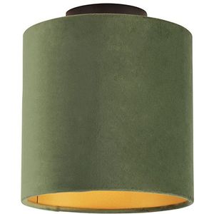 Plafondlamp met velours kap groen met goud 20 cm - Combi zwart