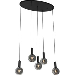 Art Deco hanglamp zwart met smoke glas ovaal 5-lichts - Josje
