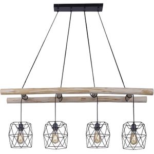 IndustriÃ«le hanglamp zwart met hout 4-lichts - Mediena