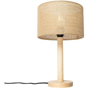 Landelijke tafellamp hout met linnen kap naturel 25 cm - Mels