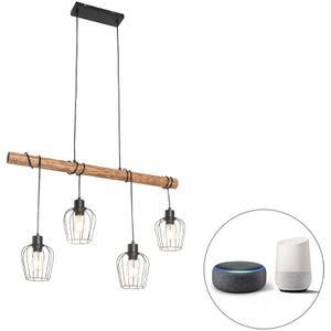 Smart hanglamp zwart met hout incl. 4 Wifi A60 - Stronk