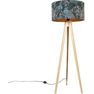 Moderne vloerlamp hout stoffen kap pauw 50 cm - Tripod Classic