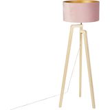 Vloerlamp tripod hout met roze velours kap 50 cm - Puros