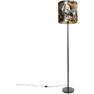 Klassieke vloerlamp zwart stoffen kap bloemen 40 cm - Simplo