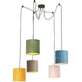 Hanglamp met 5 gekleurde velours kappen 20 cm - Cava