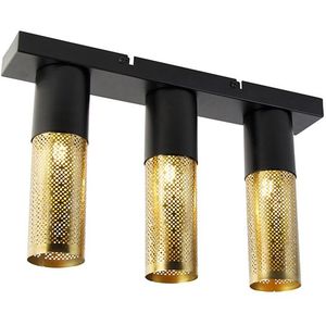 IndustriÃ«le plafondlamp zwart met goud langwerpig 3-lichts - Raspi