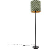 Vloerlamp zwart kap pauw dessin gouden binnenkant 40 cm - Simplo