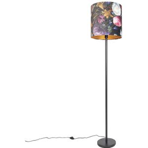 Romantische vloerlamp zwart met bloemen kap 40 cm - Simplo