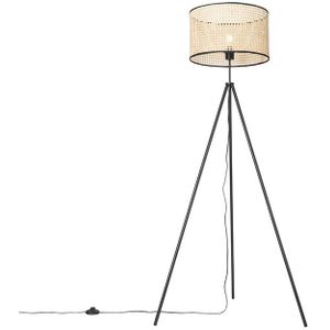 Landelijke vloerlamp tripod zwart met rotan kap - Kata