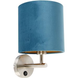 Strakke wandlamp staal met blauwe velours kap - Matt