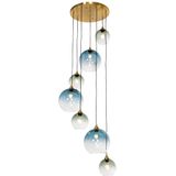 Art Deco Hanglamp messing met blauw glas rond 7-lichts - Sandra