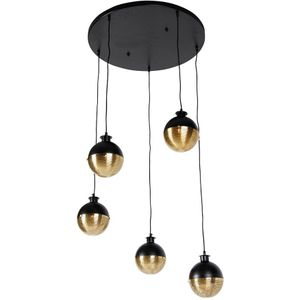 IndustriÃ«le hanglamp zwart met messing 5-lichts - Haicha