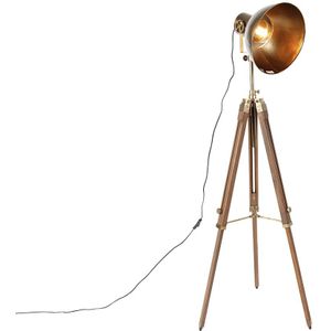 IndustriÃ«le tripod vloerlamp brons met hout - Mangoes