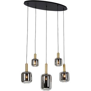 Slimme hanglamp zwart met goud en smoke glas ovaal 5-lichts incl. 5 Wifi G95 - Zuzanna