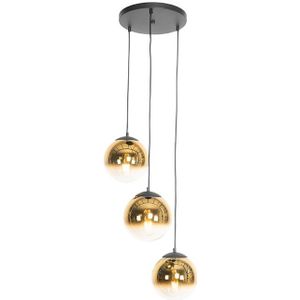 Art Deco hanglamp zwart met goud glas rond 3-lichts - Pallon