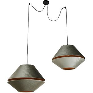 Hanglamp zwart met dubbele fluwelen lampenkap groen met gouden binnenkant 2-lichts - Cava Luxe
