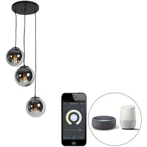 Smart hanglamp zwart met smoke glas 3-lichts incl. Wifi ST64 - Pallon