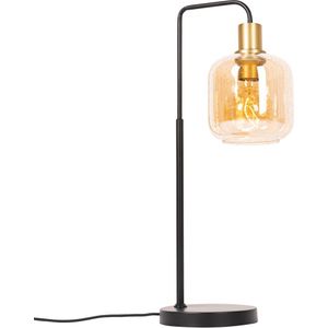Design tafellamp zwart met messing en amber glas - Zuzanna
