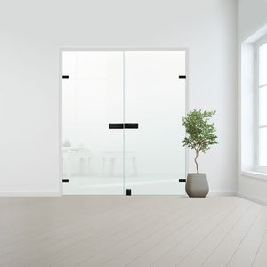 Glazen dubbele binnendeur voor stomp kozijn zwart beslag-Satijn gehard melkglas incl. sparingen - 8 mm