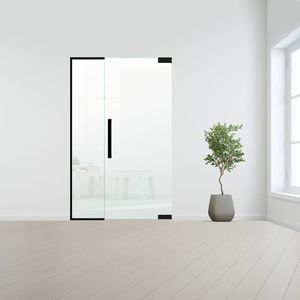 Glazen binnendeur met zijlicht zonder kozijn zwart beslag-Linksdraaiend-Satijn gehard melkglas incl. sparingen - 10 mm