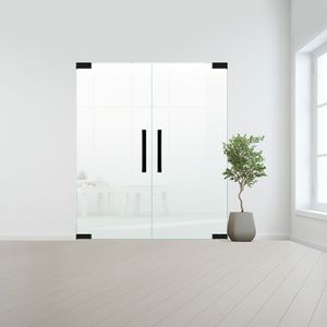 Glazen dubbele binnendeur zonder kozijn zwart beslag-Satijn gehard melkglas incl. sparingen - 10 mm