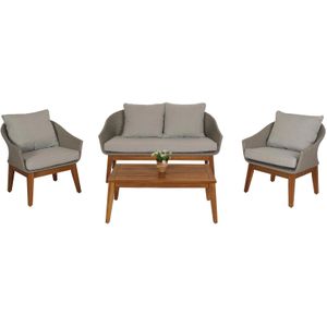 Gartengarnitur MCW-N37, Garten-/Lounge-Set Sofa Sitzgruppe, Poly-Rattan Holz Akazie ~ grau, Kissen hellgrau