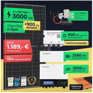 Solaranlage 3000W Komplett Steckdose mit 2,6-7,7kWh Stromspeicher - 3kW Notstrom - Halterung opt.