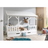 Hausbett mit 90 x 200 cm Liegefläche und Bettschublade, Korpus Weiß lackiert, Dach in Weiß